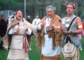 Wampanoags in regalia at celebration of ancient fish weir, Boston Common, 2005. Photo by Maggie Holtzberg.