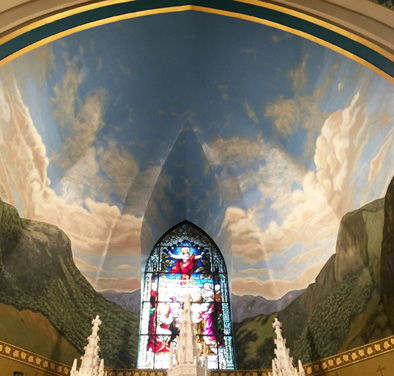 Adirondack Mural painted in the nave of St. Agnes Church, Liturgical painting, 2017; Geoffrey Kostecki; Montague, Massachusetts; Acrylic on plaster and gesso;