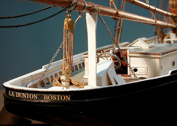 L.A. Dunton fishing schooner, Ship model builidng, 2020; Thomas J. Lauria; Yarmouth Port, MA; Poplar, basswood, pearwood, holly, boxwood, maple, paper, linen, acrylics; 48